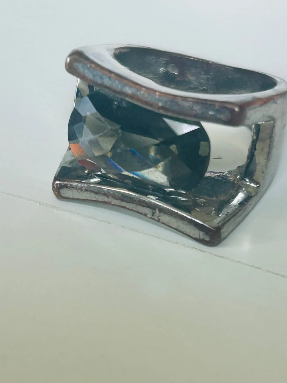 Faceted Black Crystal Silver Slide Ring Accent